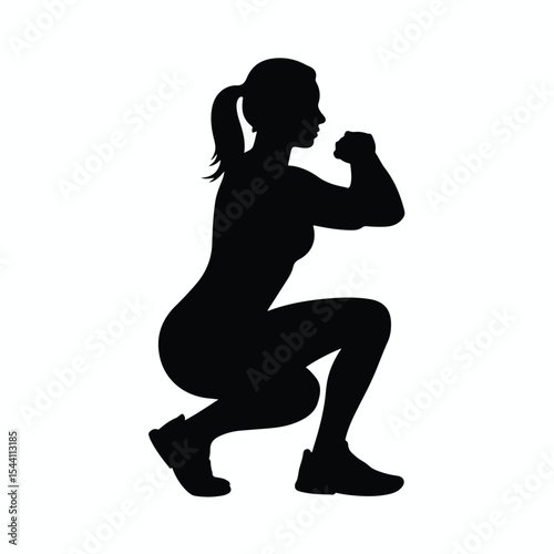 Woman doing squats silhouette isolated on white background