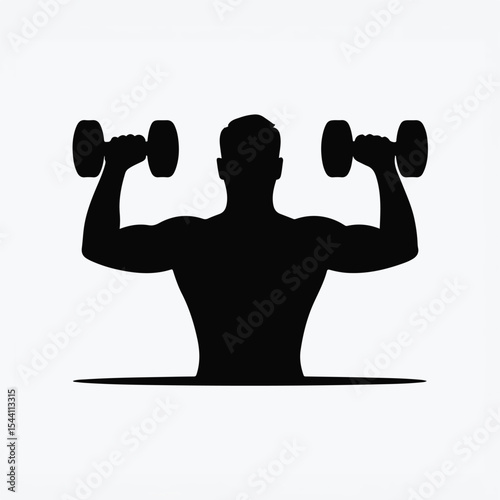 Muscular man lifting dumbbells silhouette isolated on white background