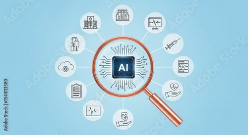 Ai chip under magnifying glass surrounded by medical icons on a light blue background