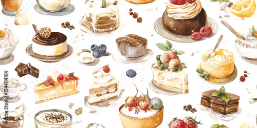 Watercolor Illustration of Assorted Desserts and Sweets Seamless Pattern. Cakes, Pastries, and Chocolate for textile, packaging, fabric, wallpaper, branding, stationery, wrapping paper, interior decor