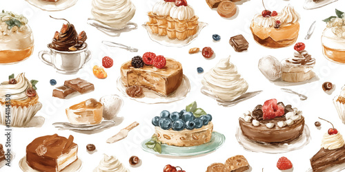 Watercolor Illustration of Assorted Desserts and Sweets Seamless Pattern. Cakes, Pastries, and Chocolate for textile, packaging, fabric, wallpaper, branding, stationery, wrapping paper, interior decor