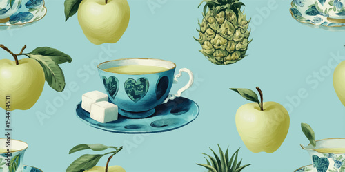 Vintage Teacup Fruit Seamless Print. Whimsical design for textiles, packaging, decor, crafting, digital papers