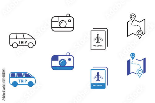 Travel flat and line icon set. Holiday, tourism, Summer vacation, airplane, trip, camera, passport, trip, location, destination and van icons. Editable vector illustration