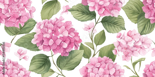 Lush Pink Hydrangea Flowers, Green Leaves Seamless Print, Vibrant Botanical Floral Design for design, textile, packaging, fabric, wallpaper, branding, stationery, wrapping paper interior decor