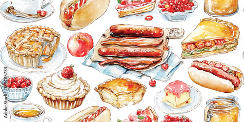Whimsical American Food Watercolor Design with Hot Dogs, Pies, and Berries, Charming Culinary Art for design, textile, packaging, fabric, wallpaper, branding, stationery, wrapping paper interior decor