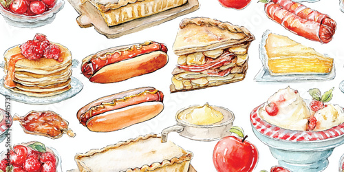 Whimsical American Food Watercolor Design with Hot Dogs, Pies, and Berries, Charming Culinary Art for design, textile, packaging, fabric, wallpaper, branding, stationery, wrapping paper interior decor