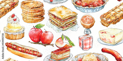 Whimsical American Food Watercolor Design with Hot Dogs, Pies, and Berries, Charming Culinary Art for design, textile, packaging, fabric, wallpaper, branding, stationery, wrapping paper interior decor