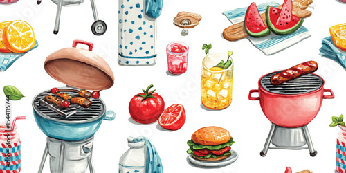 Vibrant Summer BBQ Watercolor Feast Design, Grilled Meats, Skewers, Burgers, and Drinks Art for design, textile, packaging, fabric, wallpaper, branding, stationery, wrapping paper interior decor.