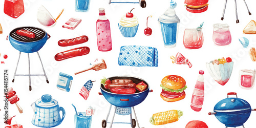 Vibrant Fourth of July BBQ Party Watercolor Design, Patriotic Food, Grills, and Drinks Art for design, textile, packaging, fabric, wallpaper, branding, stationery, wrapping paper interior decor.