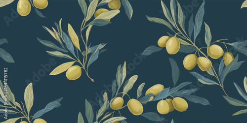 Elegant Mediterranean Olive Branch, Leaves, Fruits Seamless Print. Rustic Botanical Pattern for design, textile, packaging, fabric, wallpaper, branding, stationery, wrapping paper interior decor