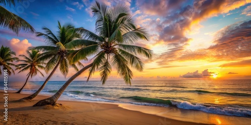 Serene tropical beach at sunset with swaying palm trees and a tranquil ocean background, peaceful, horizon,  peaceful, horizon