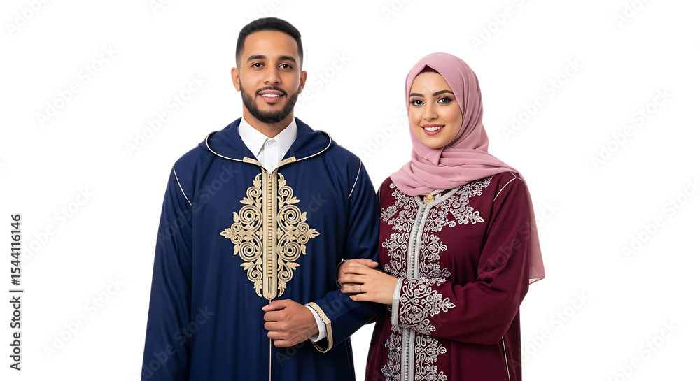Naklejka premium Muslim Couple Posing in Traditional Moroccan Clothing Isolated on Transparent Background Embracing Islamic Values of Togetherness Family and Tradition Modern Interpretation of Cultural Heritage