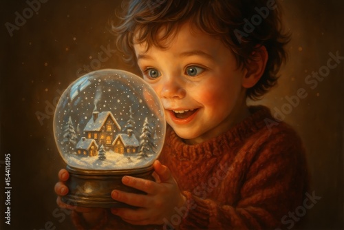 Child's eyes widening with amazement as they discover magical miniature world inside snow globe