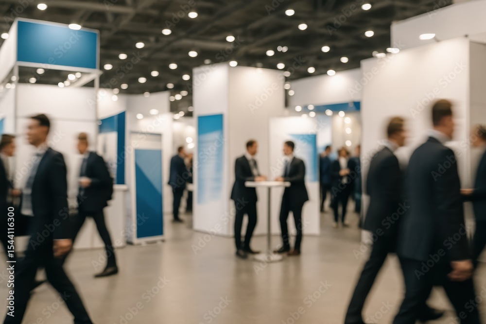 Fototapeta premium Corporate trade show exhibition hall with blurred conference attendees networking in background