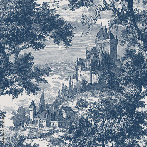 Seamless vector pattern with castles, hills, forests and plains. Traditional old European landscape scene. Vintage engraving style illustration.