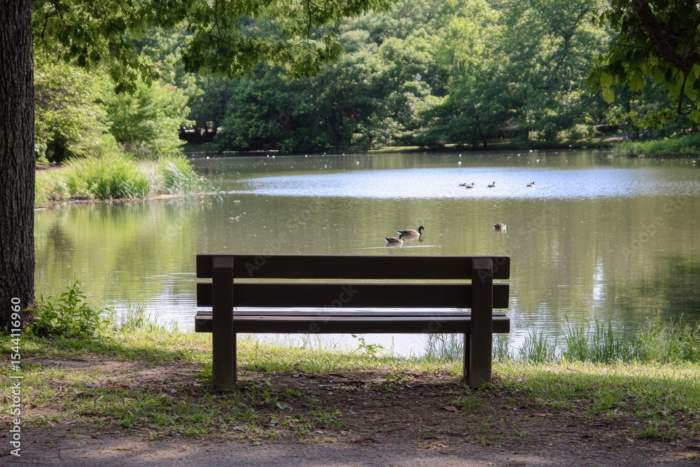 Wooden bench under tree by lake view Wooden bench under tree by lake view