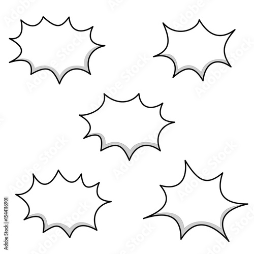A set of five blank comic burst speech bubbles with jagged outlines and subtle shadows. Ideal for cartoon dialogue, explosive announcements, or dynamic text elements in graphic designs, presentations
