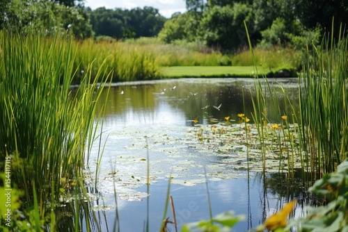 Reflection in calm pond with reeds