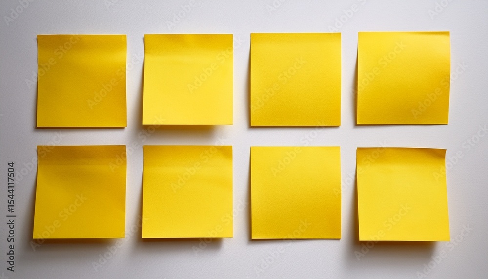 Fototapeta premium blank yellow sticky notes neatly arranged on white background