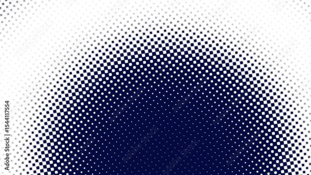 An intricate halftone pattern of white and blue dots forms a circular design, creating a dynamic 3D illusion with a sense of depth and motion
