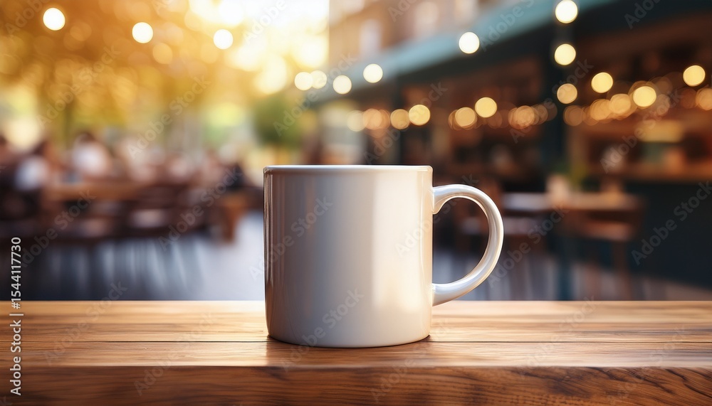 Obraz premium stylish coffee mug mockup on a rustic wooden table with a blurred cafe background