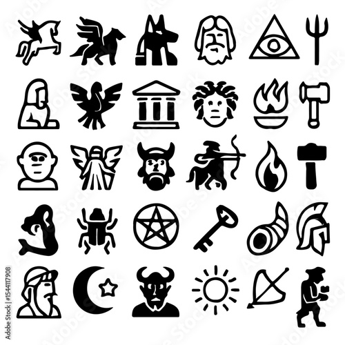A collection of various icon symbols with black and white design, representing different cultural and symbolic themes