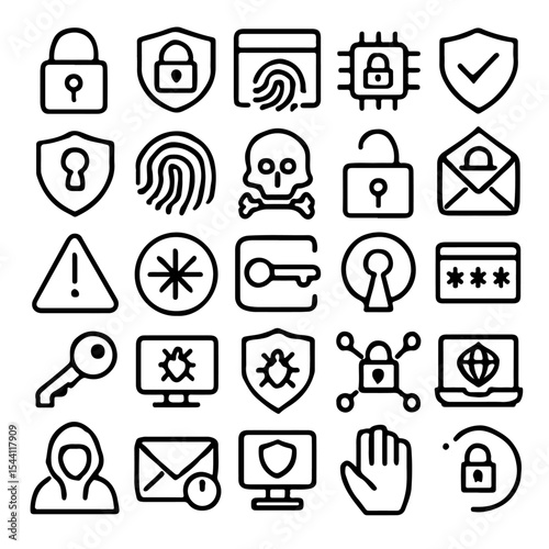 A comprehensive collection of security icons, representing various digital protection concepts. This graphic showcases a variety of symbols