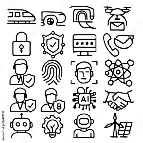 Set of line icons symbolizing technological advancements and digital concepts, featuring diverse elements