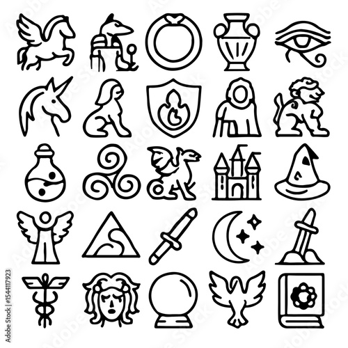 Mystical fantasy vector icons set in a flat design style, perfect for use in digital art, logos, and illustrations