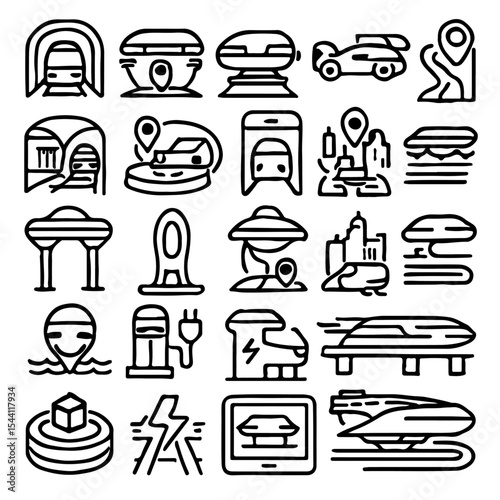 Futuristic transportation icons set, including flying cars, hyperloops, and autonomous vehicles