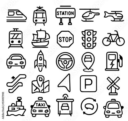 A collection of transportation icons, encompassing a diverse range of modes of travel. The icons are designed with a simple, monochrome aesthetic, emphasizing clarity and versatility