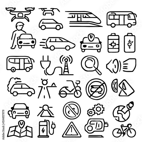 A collection of transportation and technology icons, showcasing various modes of transport and tech elements