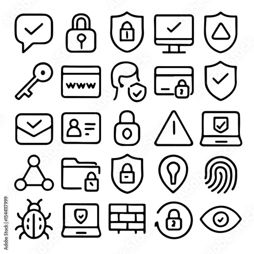 A collection of 28 cybersecurity icons, depicting various aspects of online security, including locks, shields, checkmarks, and other relevant symbols.