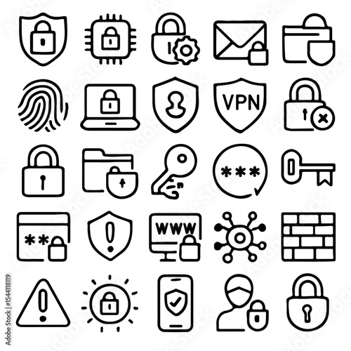 A comprehensive collection of security and privacy icons, symbolizing digital safety and protection. A wide array of icons showcase various aspects of data protection and online security