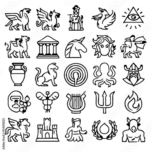 A Collection of mythological creatures and symbols in outlined design, representing the world of mythology