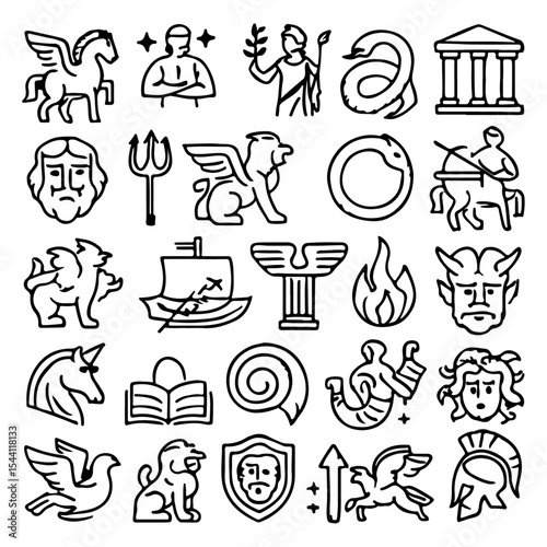 Ancient Mythology Elements Outline Vector Set