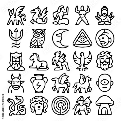 Intricate ancient Greek mythology illustrations, showcasing various creatures and symbols on a plain background