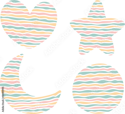 Pastel Striped Heart, Star, Crescent Moon and Circle Silhouettes with Wavy Lines, Minimalist Nursery Decor Clipart