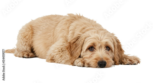 Cute Dog Lying Down Looking Sad Isolated on White