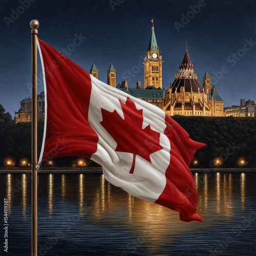 Canadian flag with parliament building at night for national pride and patriotic events, travel and tourism promotion