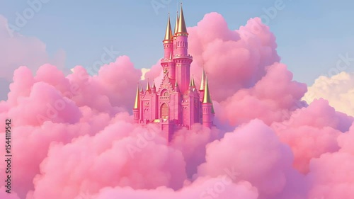Romantic pink fairytale castle with golden spires, floating in fluffy pink clouds and sky. Dreamlike magical atmosphere. Fantasy, princess, fairytale and imaginative visuals