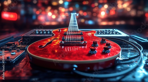Red electric guitar on stage gear