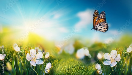 art beautiful blurred spring background nature with blooming glade butterfly and blue sky on a sunny day