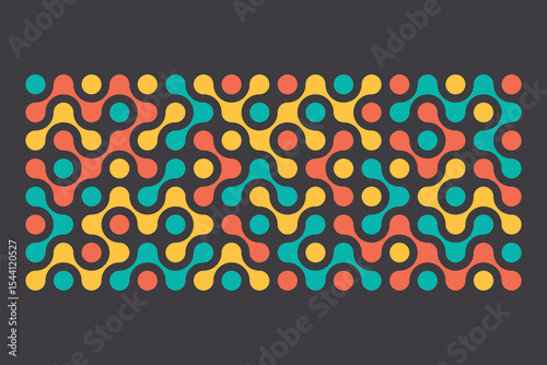 Abstract background with a pattern of multicolored connected dots, metaball. Minimalist pattern of bright circles, dots on a dark background. Vector banner.