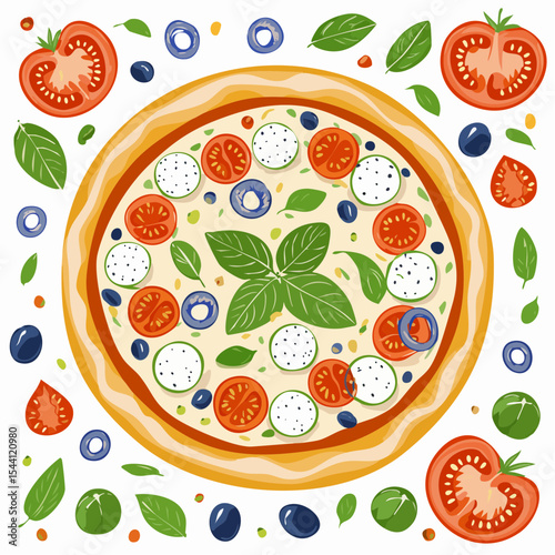Hand drawn italian pizza set. Pizza Margherita with tomato, cheese mozzarella, basil and olives.