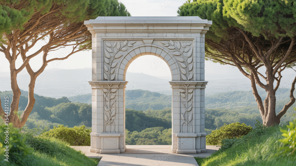 Fototapeta premium Beautiful stone arch stands among lush greenery with a breathtaking mountain background under clear skies