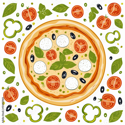 Hand drawn italian pizza set. Pizza Margherita with tomato, cheese mozzarella, basil and olives.