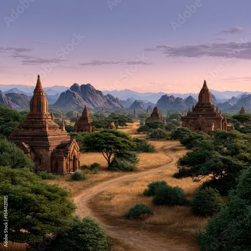 Ancient temples in a landscape with mountains and trees for travel and historical content.