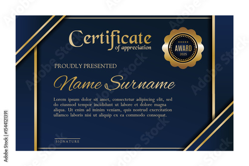 Elegant Certificate of Appreciation Template with Blue and Gold Design