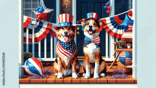 Patriotic Pets, A dog and a cat both wearing American flag-themed accessories, in low poly style